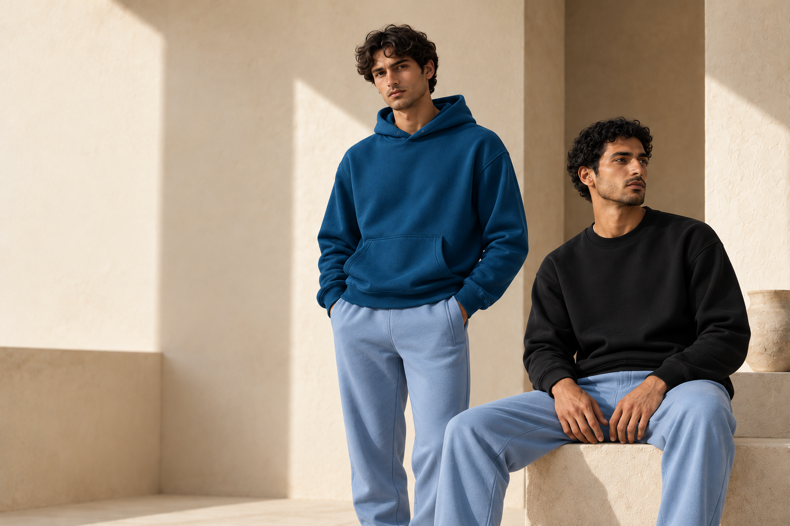 Models wearing the current HAMMER blue basic hoodie and black basic crewneck